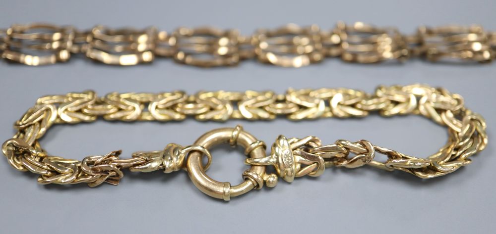 An Italian 14k fancy link bracelet(a.f.) 16.5cm and a 9ct gold gatelink bracelet with padlock clasp, gross 15.5g.